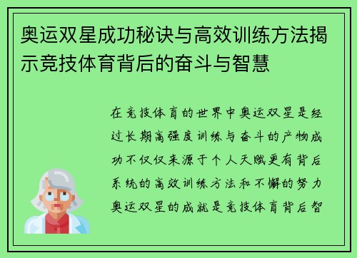 奥运双星成功秘诀与高效训练方法揭示竞技体育背后的奋斗与智慧