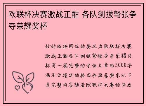 欧联杯决赛激战正酣 各队剑拔弩张争夺荣耀奖杯