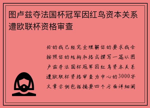 图卢兹夺法国杯冠军因红鸟资本关系遭欧联杯资格审查